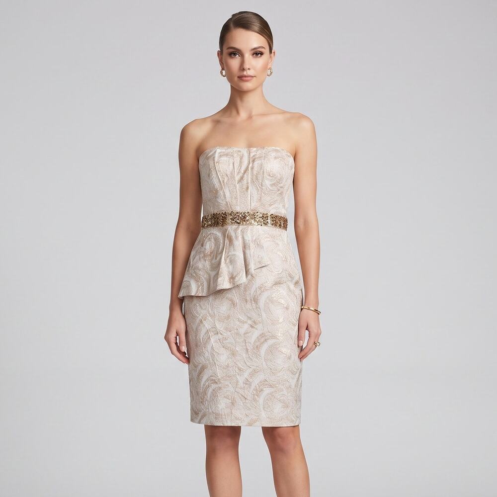 Aidan Mattox Gold Strapless Jacquard Peplum Cocktail Dress Size 8 Metallic